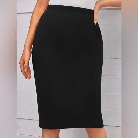 Solid Color Knee Length Sheath Skirt, Elegant High Waist Skirt - Picture 3 of 4